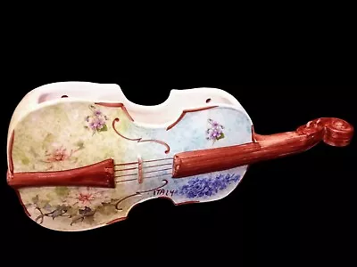 Hanging Ceramic Violin Wall Pocket Vase Pink Purple Green Floral Italy  • $19