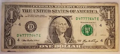 2006 (D) $1 One Dollar Bill Federal Reserve Note Cleveland Fancy 5 7s 47777647 • $6.95