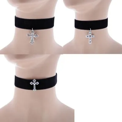 Black Velvet Gothic Chocker Cross Charm Necklace Retro Vintage Choker Punk 90's • £4.99