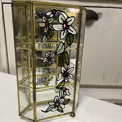 Interpur Vintage Brass And Glass Display Case With Floral Stain Glass Design 10” • $35.99