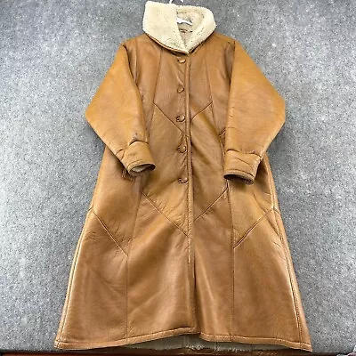 VINTAGE Sheepskin Coat Womens Medium Brown Aviator Long Shearling Hooded 50s 60s • £85.46