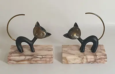 £350 • Buy WALTER BOSSE Design Brass Cats Figurines Bookends & Marble Bases Vintage MCM