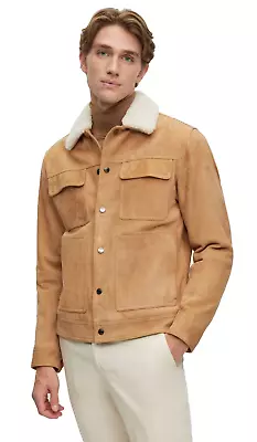 $945 - Boss Suede Leather Jacket With Teddy Collar And Patch Pockets - Size 38R • $475.50