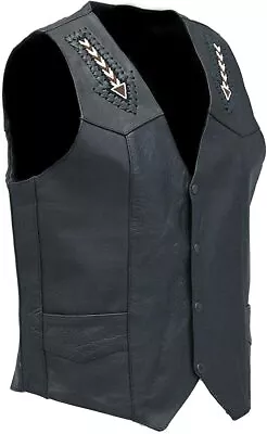 Mens New Western Wear Cowboy Black Leather Arrow Beaded Vest Fringe NV18 • $103.27