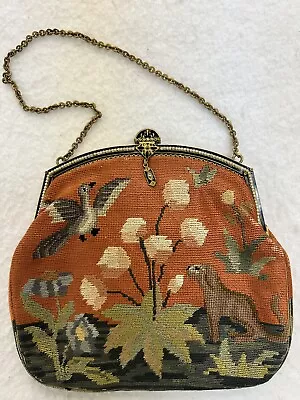 Vintage 40s Era Needlepoint Tapestry Jewel Enameled Bag Floral & Animal Print • $69.87