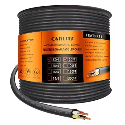 22 Gauge 4 Conductor Electrical Wire 50ft Black Stranded Low Voltage 22/4 Cable  • $28.18