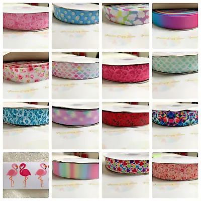 22mm & 25mm / 1  PATTERN GROSGRAIN RIBBON RAINBOW FLOWER UNICORN - BOWS • £1.55