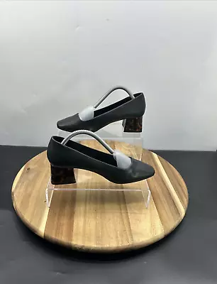 Marks And Spencer Black Court Women Shoe 5 Leather Block Heel Almond Toe Slip On • £19.99