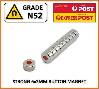 Genuine N52 Grade Magnet 6x3 Mm Neodymium Disc Button North Polarity Marked 1pc • $2.20