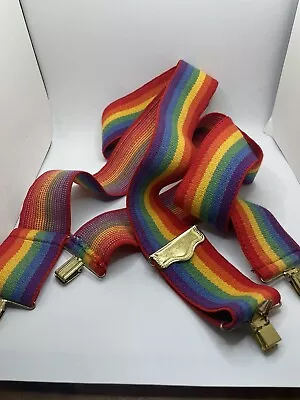 Vintage Rainbow Suspenders 70’s-80’s Mork & Mindy Wide Brass Colored Clips • $13.50