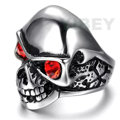 Men Stainless Steel Cast Halloween Skull Ruby Red Garnet CZ Eye Stone Ring Biker • $11.92