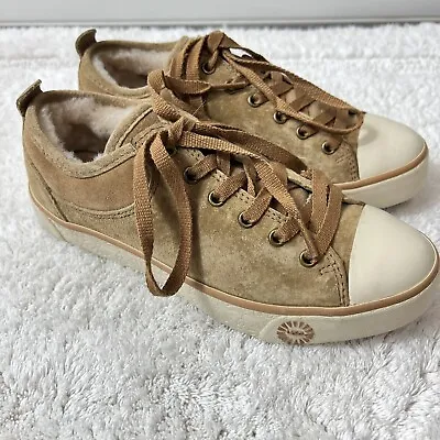 UGG Womens Evera Chestnut Suede Leather Shearling Fur Lined Sneakers 1888 Size 5 • £43.36
