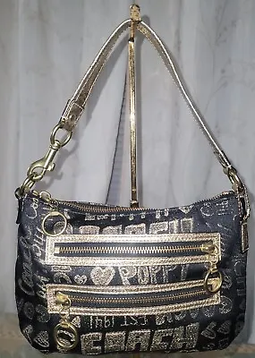 Coach Poppy Black Fabric Small Bag With Gold Metallic Graffiti Handbag-read Desc • $55