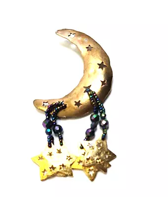 Brooch Crescent Moon Cut Out Stars Beaded Star Dangles 3.75  • $10.95