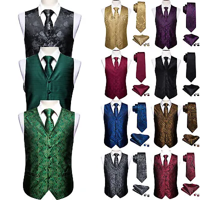 Mens Formal Wedding Waistcoat Floral Paisley Suit Vest Slim Tuxedo Silk Tie Set • $25.99