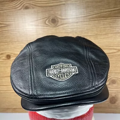 Rare Harley Davidson Logo Black Leather Cabbie Newsboy Hat Cap Size L • $45.99