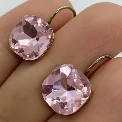 Vtg Pink Faceted Stud Earrings Gold Square Leverback Large Stone • $11.96