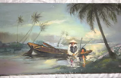 Vtg Vietnamese? Oil Painting On Canvas Signed V. Ba 27.5” X 14” • $65