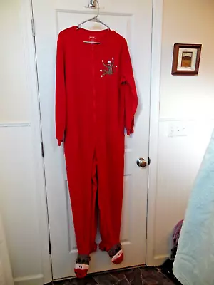 SOCK MONKEY FOOTED PAJAMAS PJs Nick & Noras Red Fleece Sleepwear Size L NWOT • $29.99