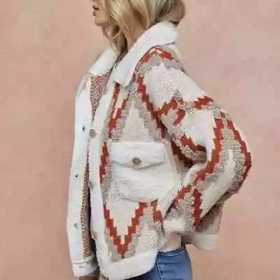 M New Quilted Sherpa Knit Cardigan Sweater Coat Western Vtg Boho Womens MEDIUM • $88.50