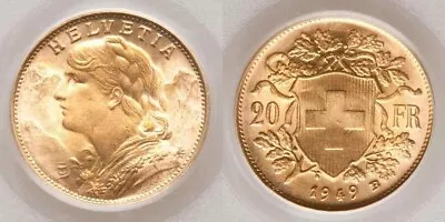 1949B Beautiful Gold Coin Switzerland Swiss Confederation Twenty Francs MS65 • $877.77