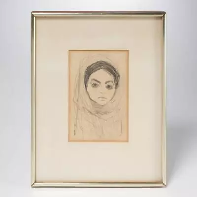 Vtg Original Charcoal Sketch Drawing Woman Dark Eyebrows Head Covering Hijab • $100