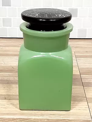 $64 • Buy 1920's Square Jadite Green Fired On Glass Apothecary Jar W Round Black Glass Lid