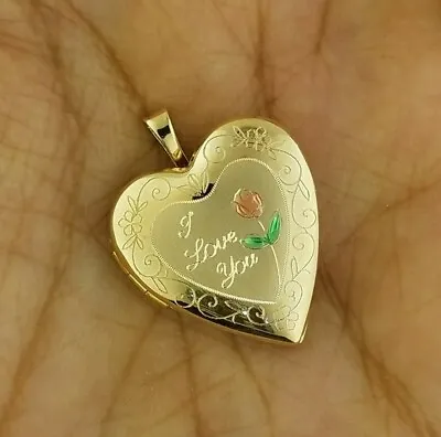 Heart Rose Pendant I Love You Scripted Photo Locket Charm 14K Solid Yellow Gold • $288.35