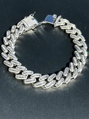 Men’s Miami Cuban Link Bracelet Real Solid 925 Silver Baguette CZ Heavy Hip Hop • $220.48