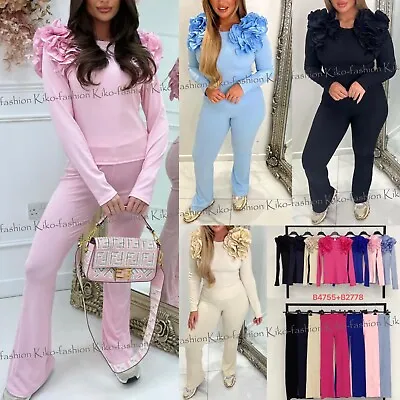 Womens Ruffle Frill Top Tracksuit Ladies Palazzo Trouser Loungewear Co-Ord Set • £20.90