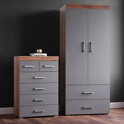 Grey & Walnut 2 Door Wardrobe & 4+2 Chest Of Drawers Bedroom Furniture Storage • £189.95