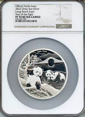 China 2022 Long Beach 5oz Silver Panda Year Of The Tiger   NGC PROOF 70 ! • $1680