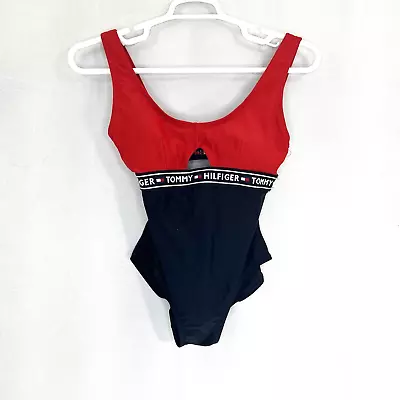 Tommy Hilfiger One Piece Swimsuit Size Small Tank Red Blue High Legs Retro • $18