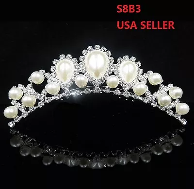 $7.95 • Buy Wedding Beautiful  Imitation Pearl Rhinestone Bridal Crown Tiara Hair Comb S8B3
