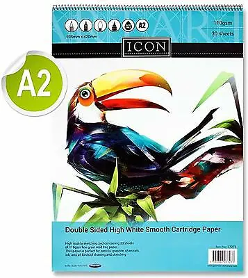 A2 Sketch Pad 30 Sheets Spiral Bound 110 GSM Cartridge Paper Home School Office • £12.59