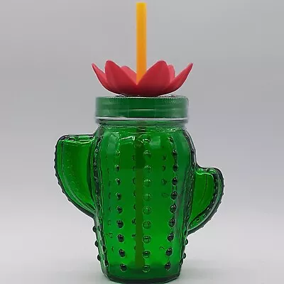 Cactus Glass Mason Jar Metal Twist Top Lid With Rubber Flower Plastic Straw 16oz • $17.95