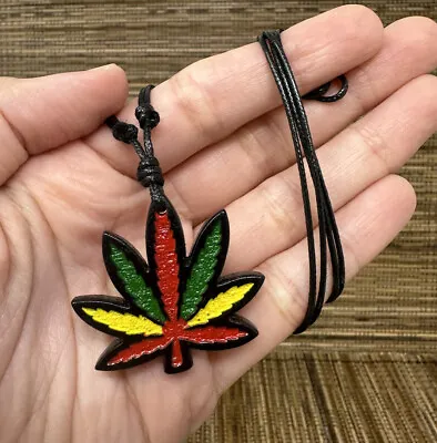 Marijuanna Leaf Wooden Pendant Necklace - Hand-Painted Rasta With Black Borders • $14.95