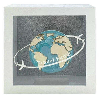 White Square MDF Wooden TRAVEL FUND Money Box- Savings Bank Change Gift • $26.95