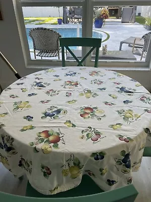 Vintage Fruit Tablecloth 100% Cotton Botanical Names Plums And Apples 51” X 63” • $24.99