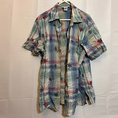 Vintage Blouse Womens Shirt Top Size 20 Blue Red Checked Cotton Floral 90s Boho • $11.35