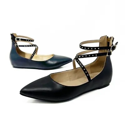 Coconuts By Matisse Black Pointed Toe Flats Gold Studded Strappy Ankle Size 7 • $24.92