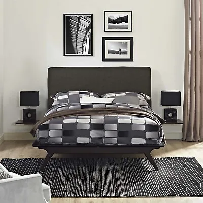 Mid-Century 3PC Cappuccino Brown Queen Platform Bed And Side Table Bedroom Set • $902.73