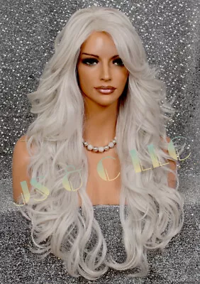 $94.95 • Buy Full Human Hair Blend Wig Long Wavy Bangs Layered Heat OK Light Grey RMVS