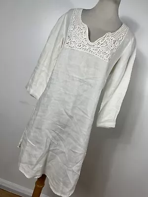 Malvin I Love Linen M Medium Dress White V Neck Crochet Lace Shift Womens J5 • $28.20