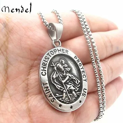 MENDEL Mens St Saint Christopher Medal Pendant Necklace Stainless Steel Amulet • $10.99