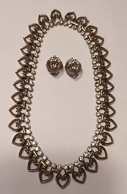 Vintage Crown Trifari Rhinestone Heart Necklace & Earrings Set • $124.99