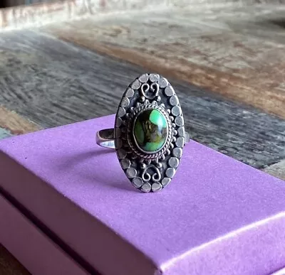 925 Zuni Navajo RING Real Green Turquoise Gemstone Vintage SILVER Jewelry Sz 7.5 • $12.50