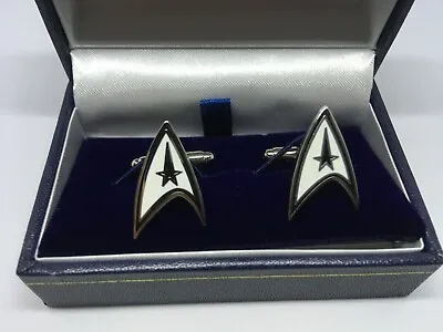 £14.99 • Buy Startrek Cufflinks Silver In Box Collectable New Enterprise Kirk Spock Sulu Tng