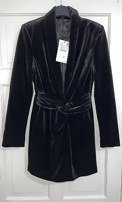 Zara Black Collared Blazer Style Mini Velvet Dress With Shoulder Pads Size S New • £29.99