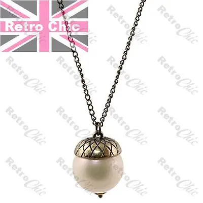 QUIRKY ACORN PENDANT Big 22mm Pearl 33 LONG NECKLACE Vintage Brass Finish RETRO • £2.50